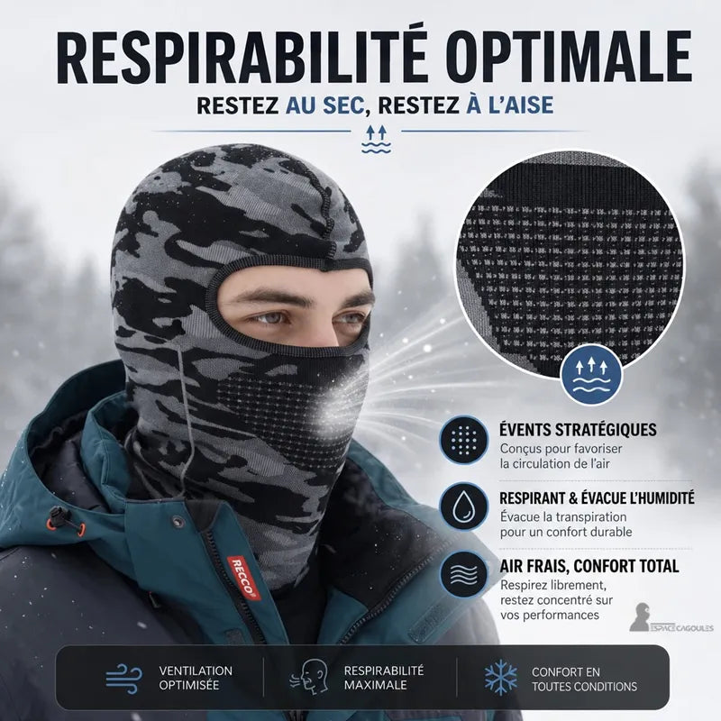 Cagoule fine sous casque de ski portée en extérieur enneigé, illustration des évents de respiration qui évacuent l'humidité au niveau de la bouche - Espace Cagoules