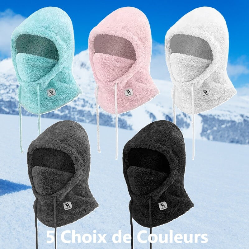 Cagoule fleece disponible en 5 couleurs (vert, rose, blanc, gris et noir), idéale pour l'hiver et les activités en plein air.