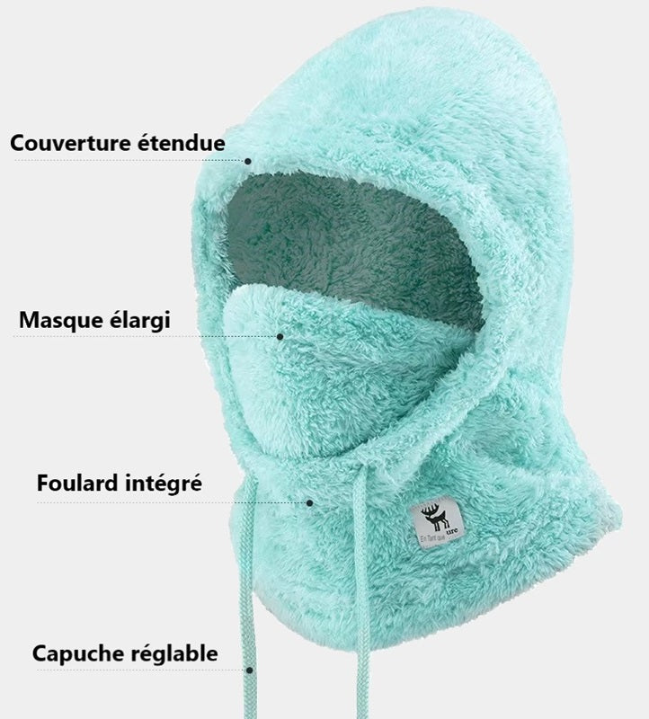 Cagoule fleece turquoise avec couverture étendue, masque élargi, foulard intégré et capuche réglable, parfaite pour une protection complète contre le froid