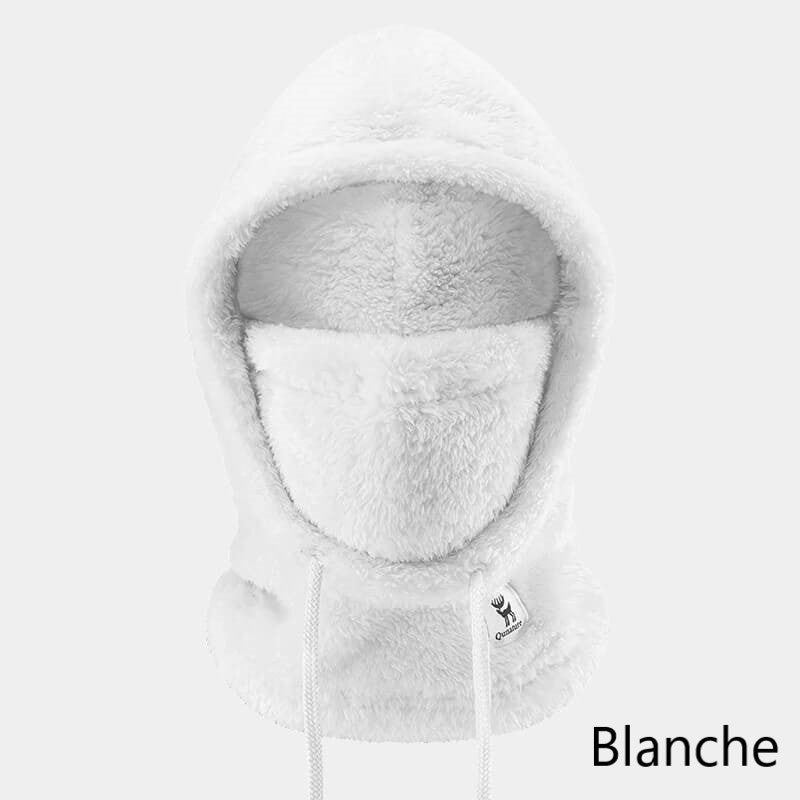 Cagoule fleece blanche avec capuche ajustable et doublure douce, conçue pour une protection optimale contre le froid.