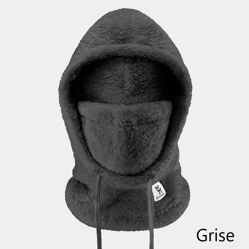 Cagoule fleece grise avec capuche ajustable et doublure douce, conçue pour une protection optimale contre le froid.