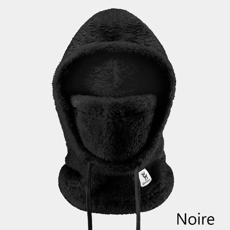 Cagoule fleece noire avec capuche ajustable et doublure douce, conçue pour une protection optimale contre le froid.