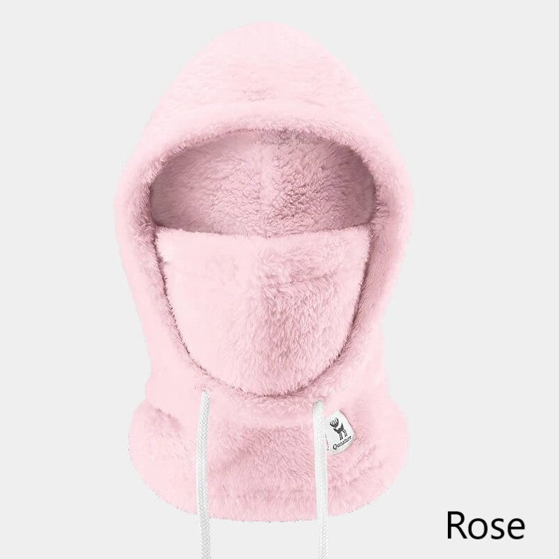 Cagoule fleece rose avec capuche ajustable et doublure douce, conçue pour une protection optimale contre le froid.