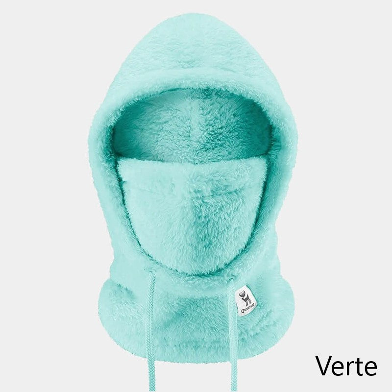 Cagoule fleece verte avec capuche ajustable et doublure douce, conçue pour une protection optimale contre le froid.