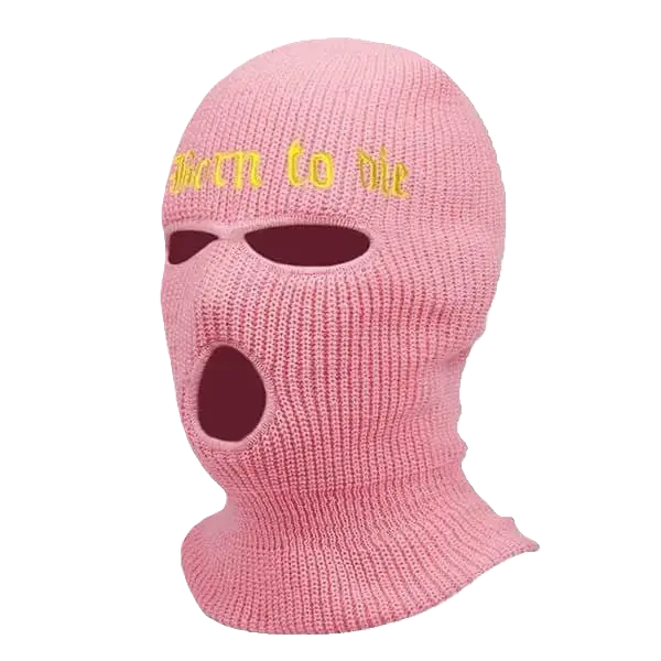 Cagoule gangster rose avec l'inscription dorée 'Born to Die' brodée au-dessus des ouvertures pour les yeux et la ouche.