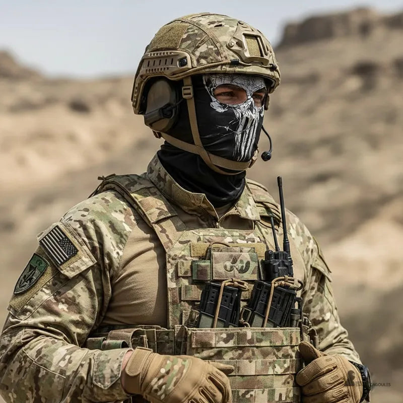 Cagoule ghost Call of Duty en polyester et lycra noir avec design tête de mort blanc, forme extensible 2 trous, vue portée sous casque militaire en environnement désertique - Espace Cagoules