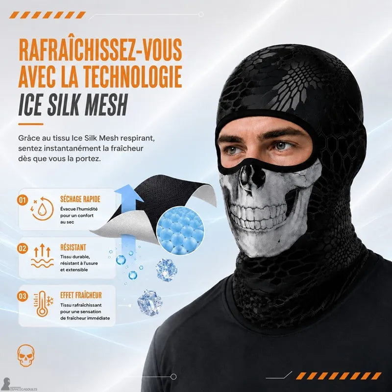 Détail de la technologie soie glacée de la Cagoule Ghost moto avec séchage rapide et effet rafraîchissant, portée de profil - Espace Cagoules