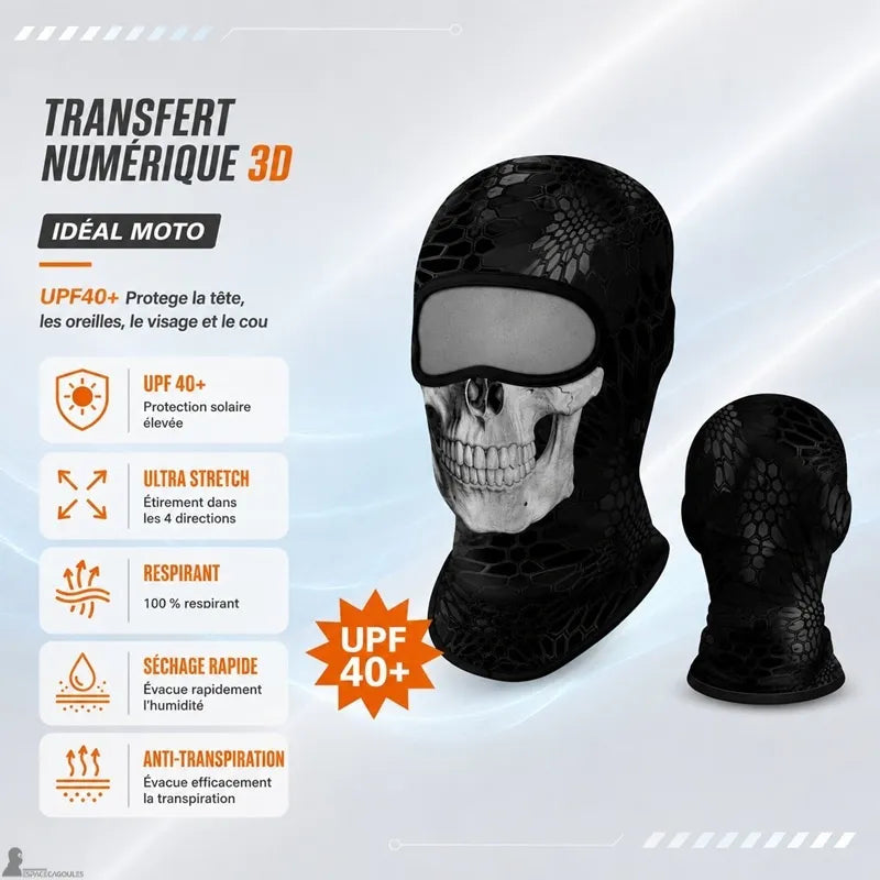 Kominiarka Ghost motocyklowa z jedwabiu lodowego UPF40+ z nadrukiem transferowym 3D czaszki, widok z przodu i z tyłu - Przestrzeń Cagoules