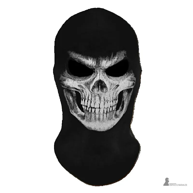 Passamontagna ghost mw2 nera con teschio realistico vista frontale su sfondo bianco - Spazio Cagoule