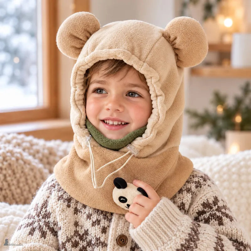 Uśmiechnięty chłopiec w kominiarce dziecięcej camel na duży mróz, z maską khaki opuszczoną pod brodę, trzymający naszywkę pandy na kominie - Espace Cagoules
