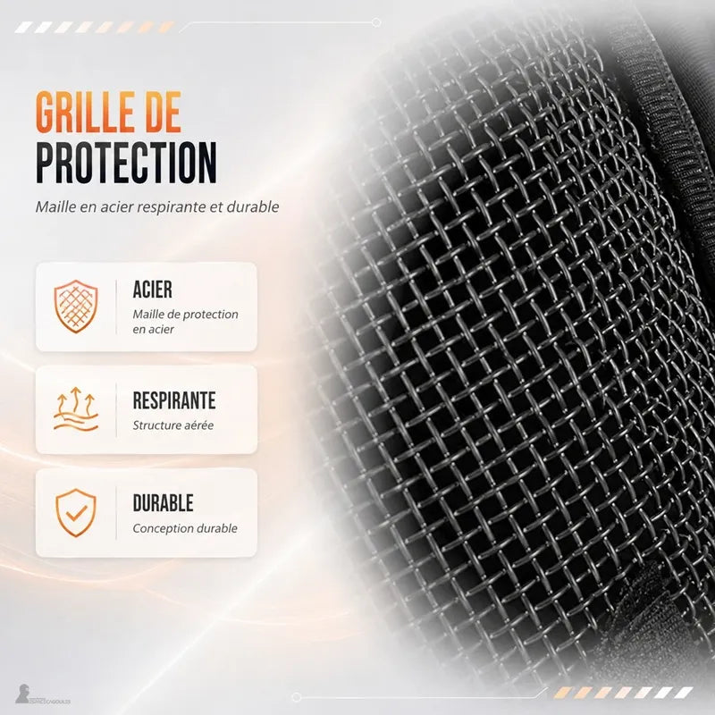 Gros plan sur la grille d'acier du demi-masque de la cagoule airsoft FacialShield - Espace Cagoules