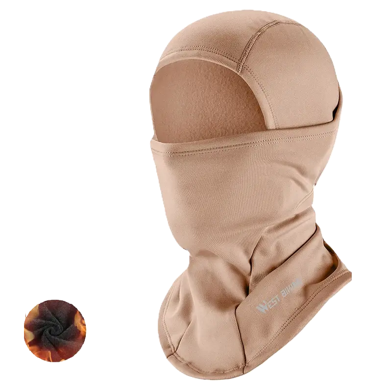Cagoule hiver pour moto kaki avec doublure thermique résistante au froid, offrant une protection optimale pour les motards.