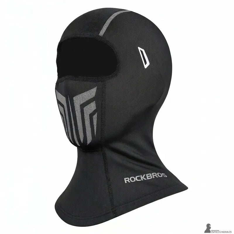 Cagoule homme moto noire vue de profil sur fond clair avec motif respirant sur la bouche et logo latéral – Espace Cagoules