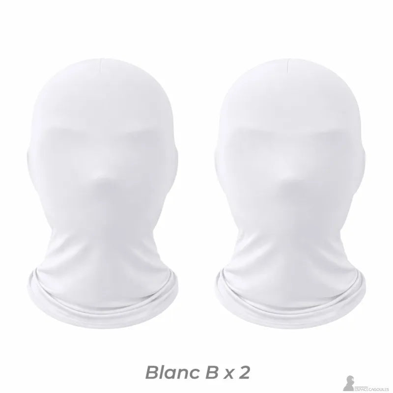 Set of two plain white full face masks without holes presented frontally on a white background - Espace Cagoules.