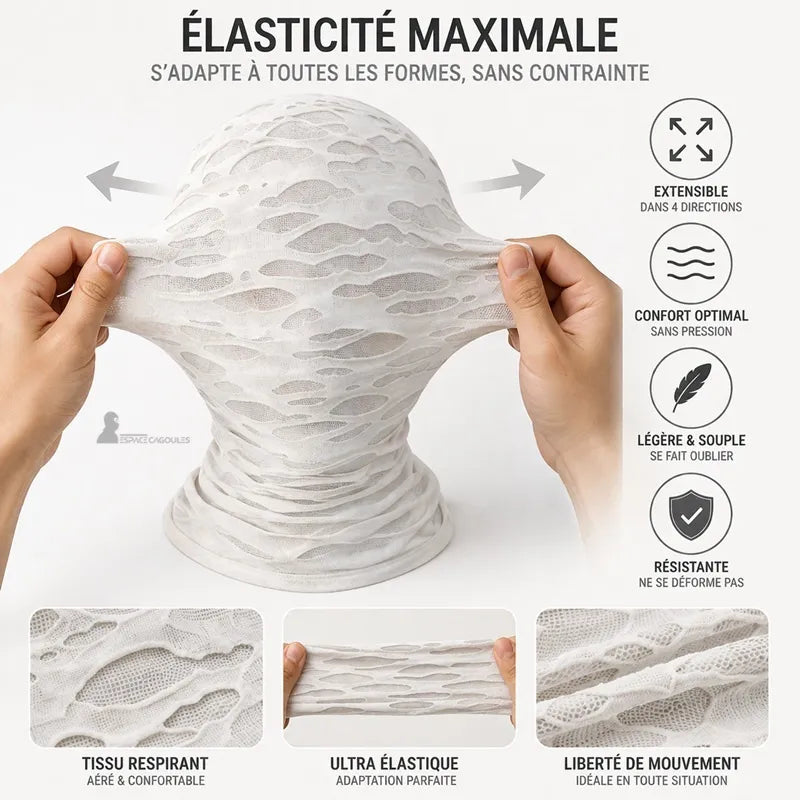 Hands stretching the textured fabric of the full face mask without a hole to show its elasticity - Space Masks