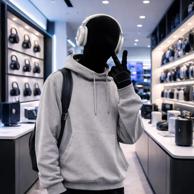 Person facing forward with a full hood without a black hole, gray sweatshirt, backpack, and headphones - Hooded Space