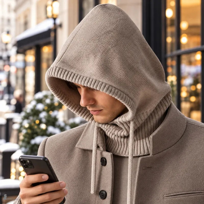 Homme consultant son téléphone dans une rue enneigée, capuche en laine Highland coloris café et cordons du col tombant sur un manteau assorti - Espace Cagoules