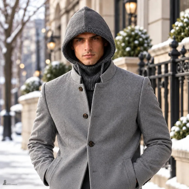 Homme marchant mains dans les poches dans une rue enneigée, cagoule laine Highland grise et manteau en laine gris - Espace Cagoules