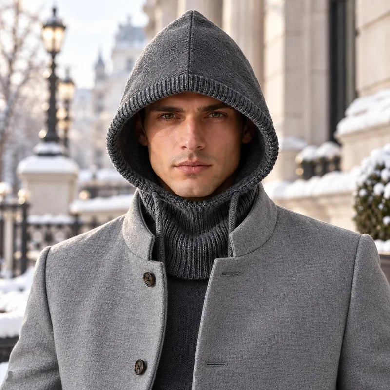 Portrait d'un homme en cagoule laine Highland grise devant des façades enneigées, col remonté sous un manteau gris - Espace Cagoules
