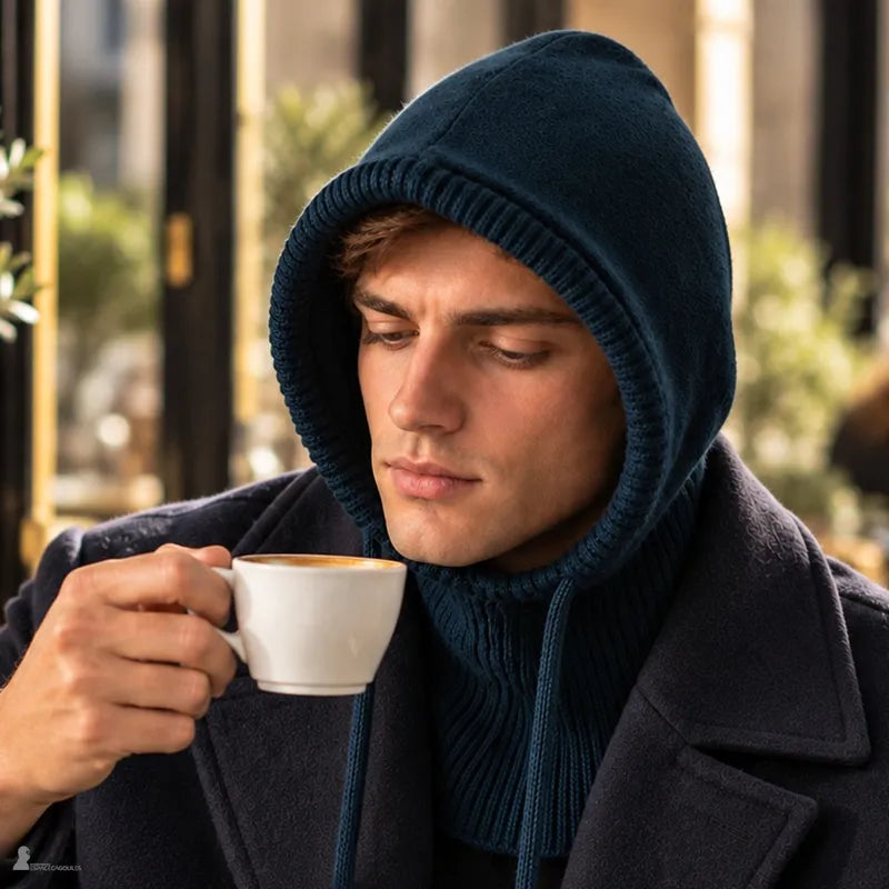 Homme buvant un expresso en terrasse, cagoule en laine Highland bleu-vert foncé portée capuche relevée avec un manteau marine - Espace Cagoules