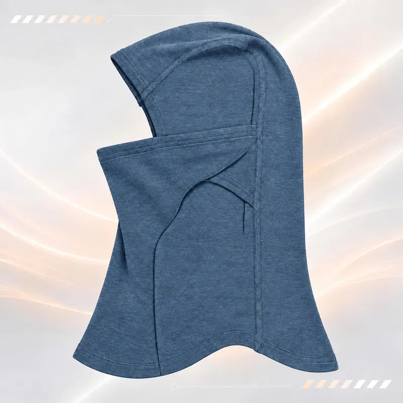 Cagoule laine mérinos Ovis bleu clair chiné vue de profil, masque rabattable posé sur le plastron - Espace Cagoules