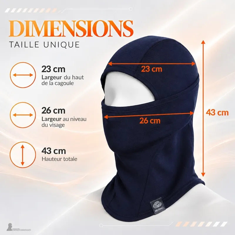 Dimensions de la cagoule laine mérinos Ovis en taille unique : 23 cm en haut, 26 cm au visage, 43 cm de hauteur - Espace Cagoules