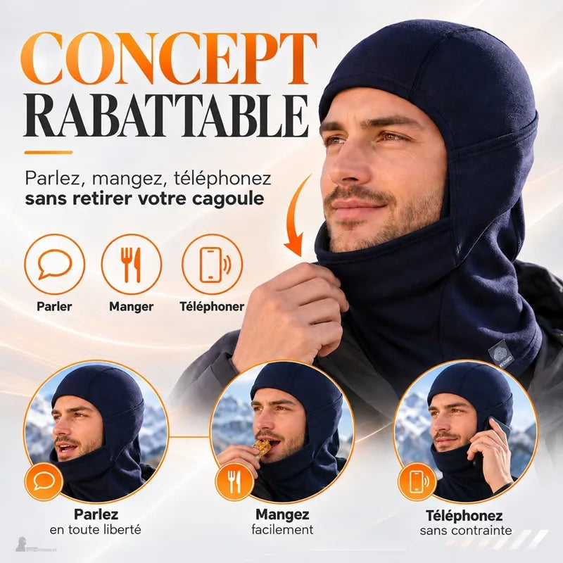 Homme abaissant le masque rabattable de la cagoule laine mérinos Ovis pour parler, manger et téléphoner sans la retirer - Espace Cagoules