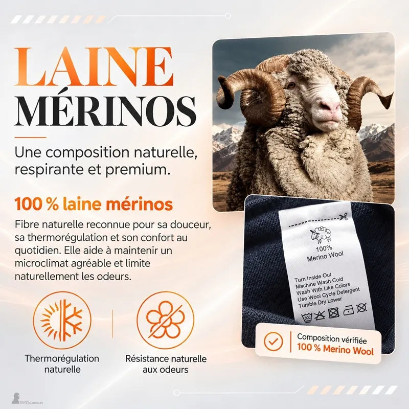 Mouton mérinos et étiquette de composition 100 % Merino Wool de la cagoule laine mérinos Ovis - Espace Cagoules