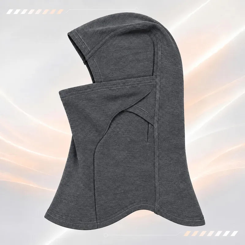 Cagoule laine mérinos Ovis gris chiné vue de profil, masque rabattable et étiquette Merino - Espace Cagoules