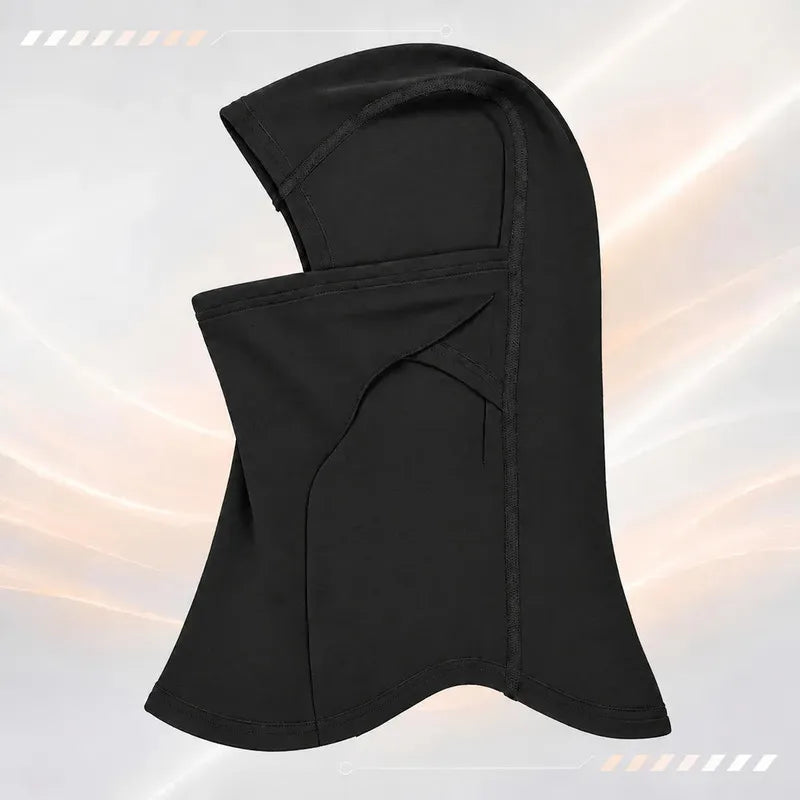 Cagoule laine mérinos Ovis noire vue de profil, masque rabattable superposé au plastron - Espace Cagoules