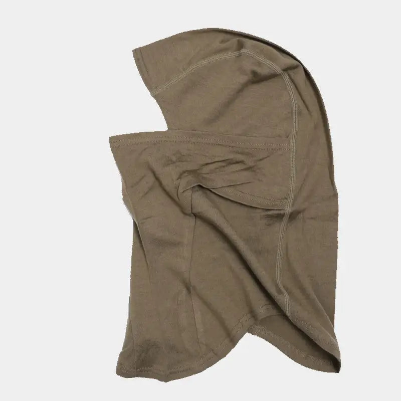 Cagoule en laine mérinos vert olive, vue latérale gauche, parfaite pour les motards qui recherchent chaleur et durabilité pour les trajets hivernaux.