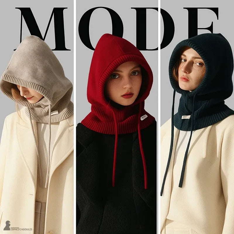 Cagoule laine presentation trois couleurs oatmeal rouge bleu vert ambiance mode magazine - Espace Cagoules