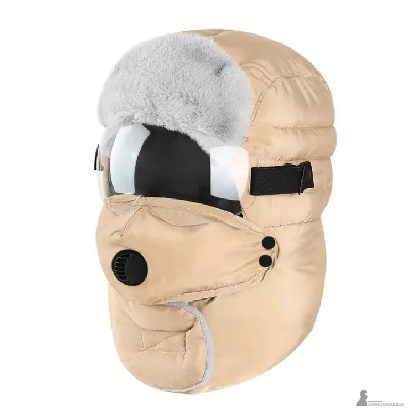 Version beige de la cagoule masque matelassée à valve et visière montrant le système de fixation latéral - Espace Cagoules