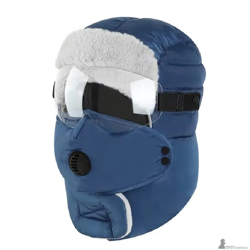 Cagoule masque matelassée à valve et visière, bleue avec protection faciale amovible et écran transparent - Espace Cagoules