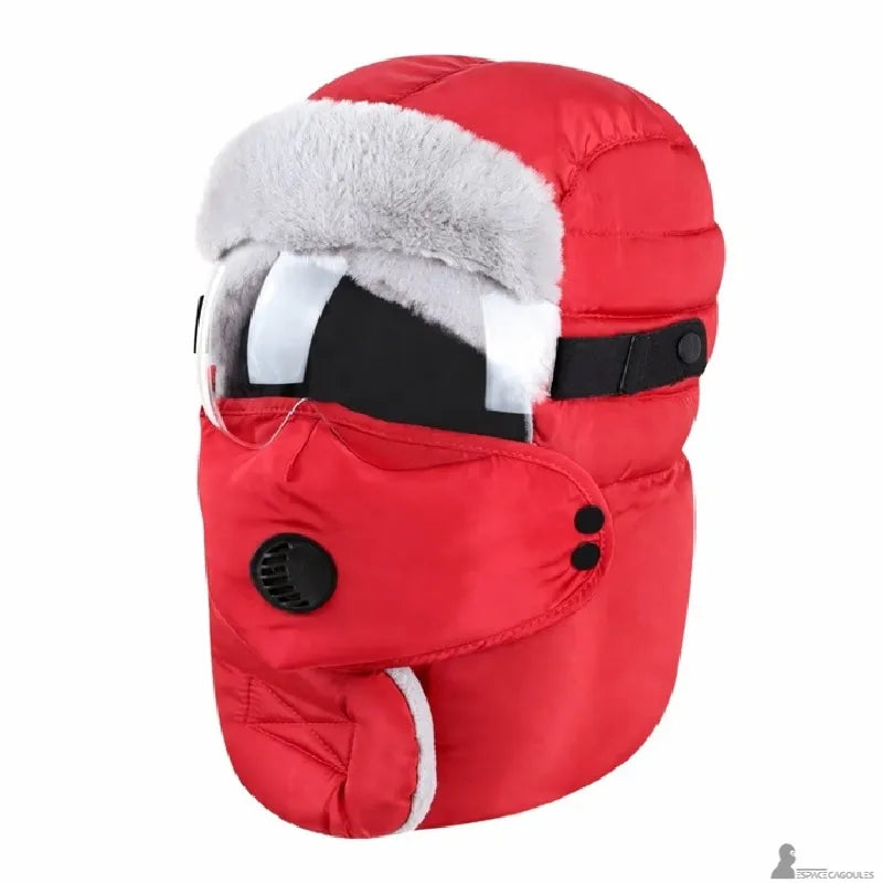 Modèle rouge vif de la cagoule masque matelassée à valve et visière avec surpiqûres horizontales - Espace Cagoules