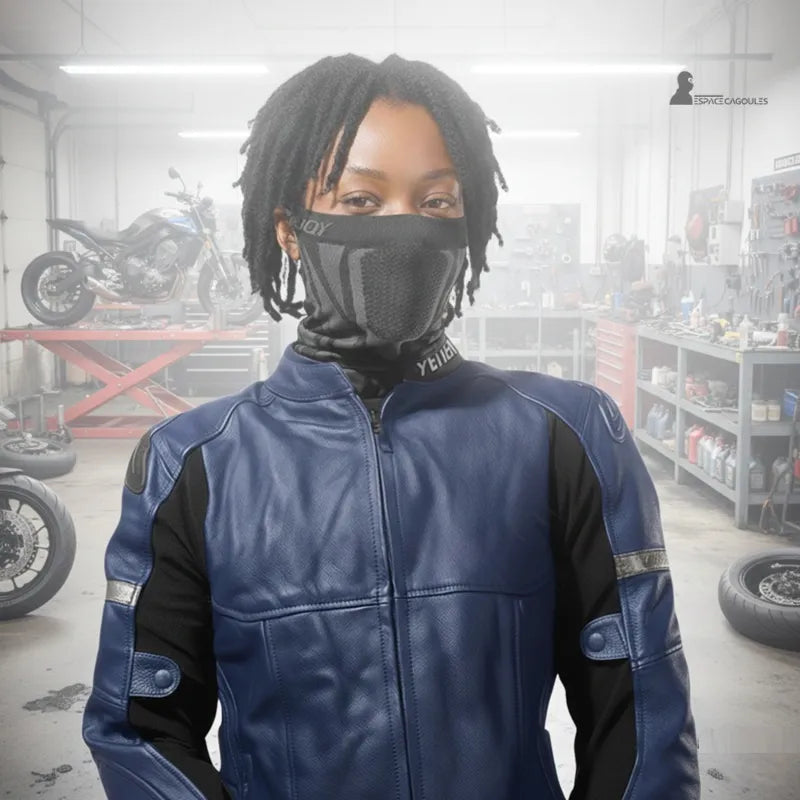 Cagoule masque moto en polyester respirant portée sur le visage, vue de face par une motarde en veste cuir dans un atelier moto – Espace Cagoules