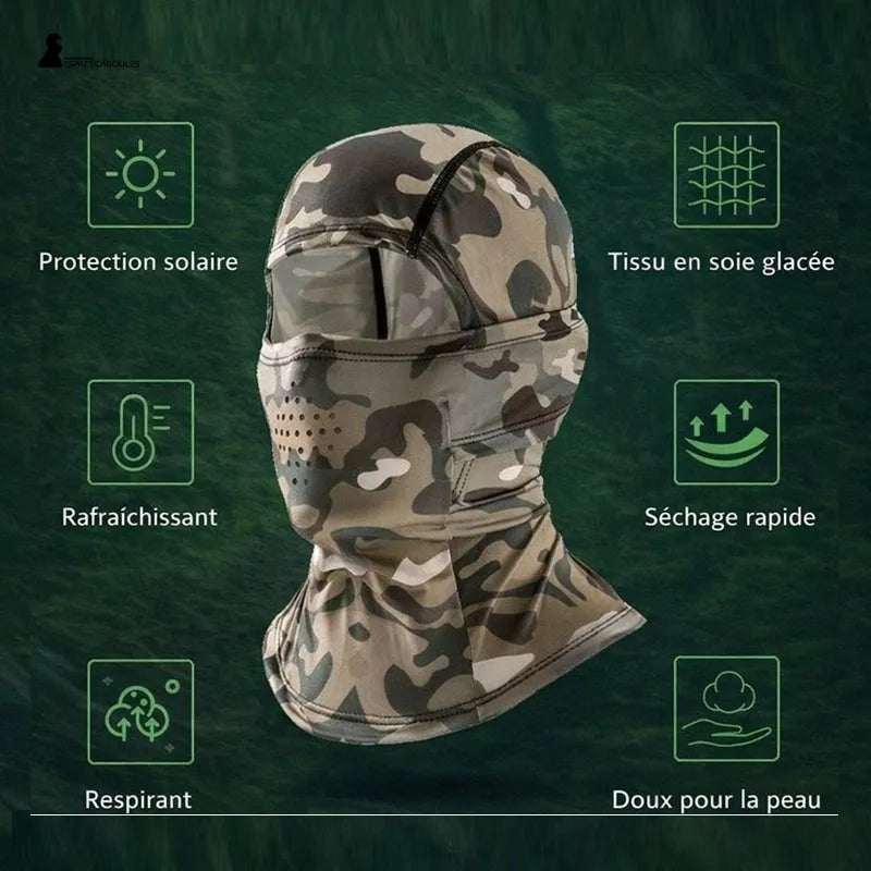 Militärhuva 1 hål i glansig siden camouflagemönster sett från sidan med ikoner för solskydd, kylande effekt, snabb torkning och mjukt, andningsbart tyg för huden - Huva Utrymme