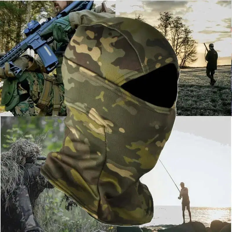 Cagoule militaire 1 trou en camouflage vert, portée en extérieur par un militaire équipé d’un fusil, un pêcheur et un randonneur dans un environnement naturel. Protection thermique et discrétion en plein air.