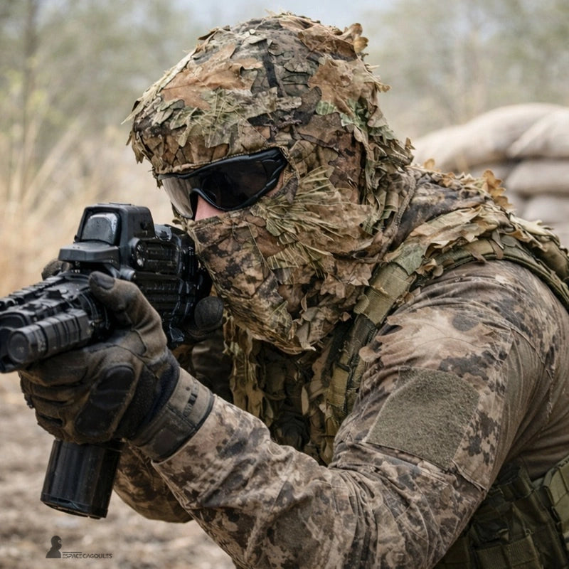 Militär 3D kamouflagehuva bärs av en soldat med taktiska glasögon i en ljus utomhusmiljö - Utrymme för huvor