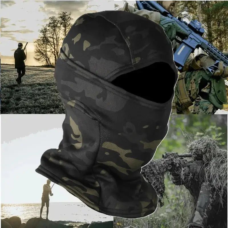 Cagoule militaire noire en camouflage tactique, pour la chasse, et les opérations militaires, offrant une protection optimale contre le froid et la discrétion.
