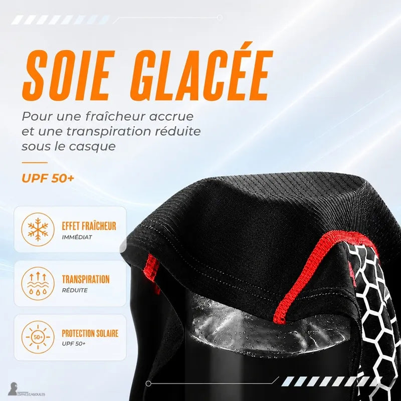 Gros plan sur le tissu en soie glacée UPF 50+ de la cagoule moto anti-transpiration pour une fraîcheur accrue - Espace Cagoules