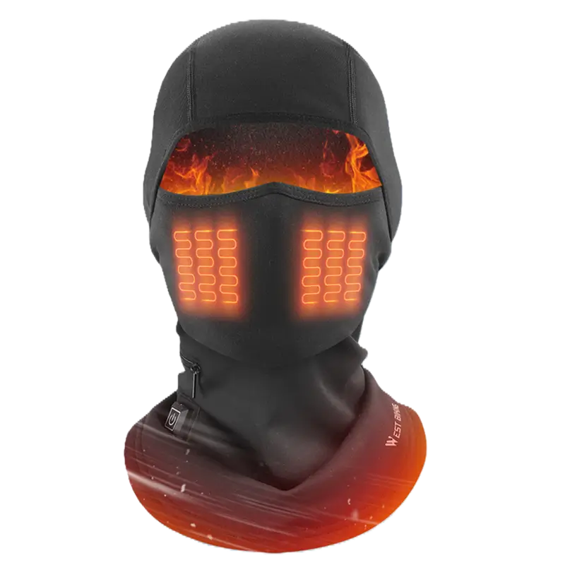 Cagoule moto chauffante noire avec zones chauffantes lumineuses au niveau du visage, isolante contre le froid extrême, design ergonomique pour une utilisation hivernale en moto