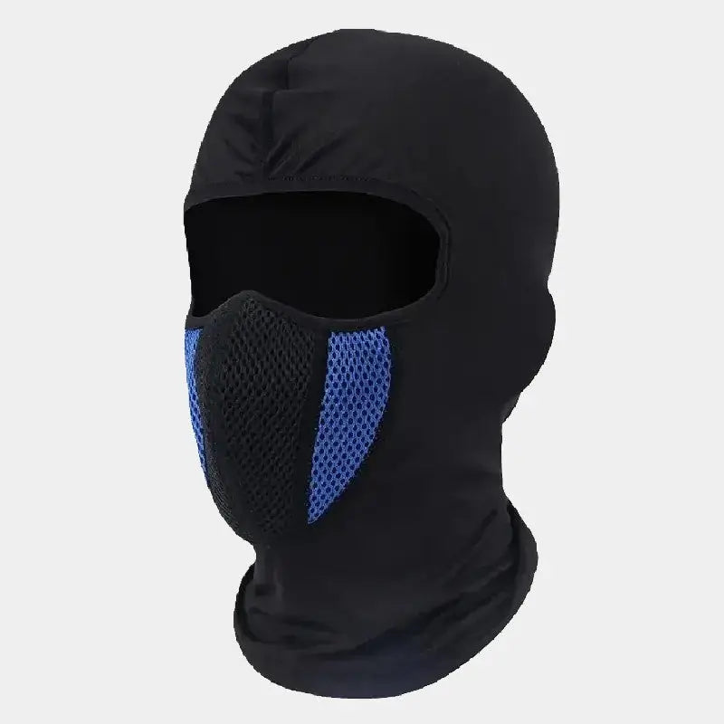 Cagoule Moto en Lycra noire et bleue, affichant un design ergonomique avec ouverture unique pour les yeux et une maille respirante pour faciliter la ventilation.
