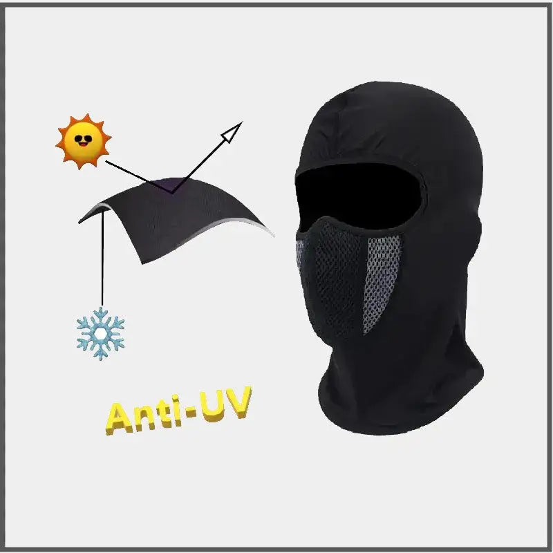 Illustration démontrant la protection contre le soleil de la cagoule moto en lycra noire et bleue, idéale pour les motards en toutes saisons.