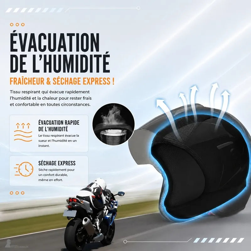 Cagoule moto en soie noire évacuant l'humidité pour un séchage express, portée sous un casque jet - Espace Cagoules