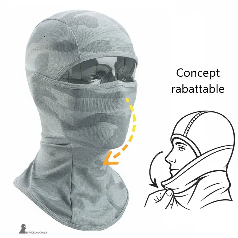 Passamontagna moto estiva anti-UV in microfibra di poliestere con maschera pieghevole, forma a 1 foro che copre testa e collo, vista frontale su manichino con schema esplicativo - Spazio Cagoule