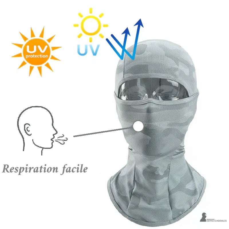 Passamontagna moto estiva anti-UV in microfibra di poliestere coprente, vista frontale con 1 foro che protegge testa e collo con indicazione di protezione solare e facile respirazione - Spazio Cagoule