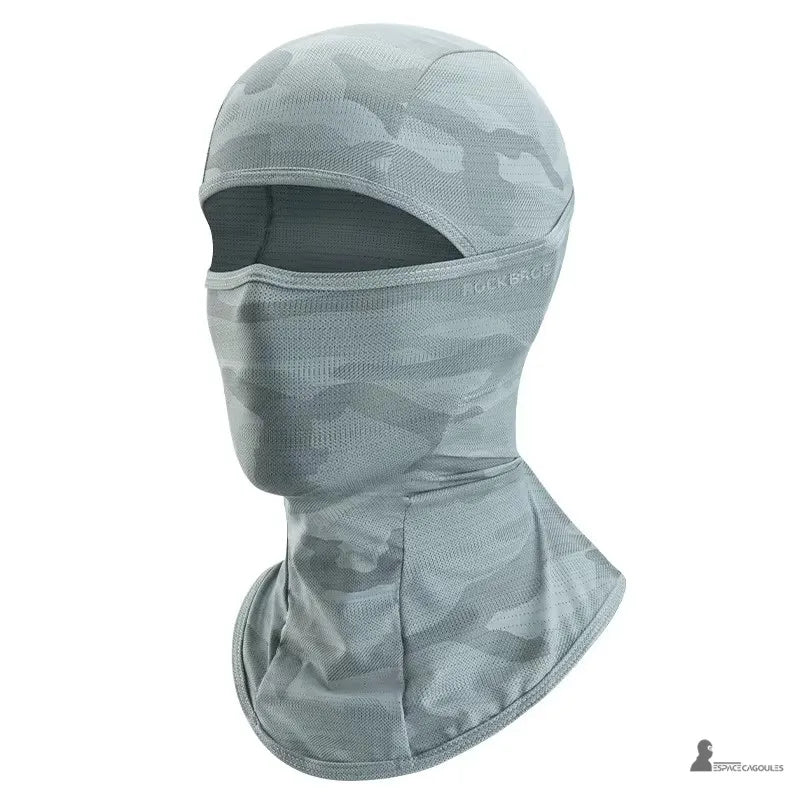 Passamontagna moto estiva anti-UV in microfibra di poliestere colore grigio camouflage chiaro, forma a 1 foro che copre testa e collo, vista frontale su sfondo neutro - Espace Cagoules