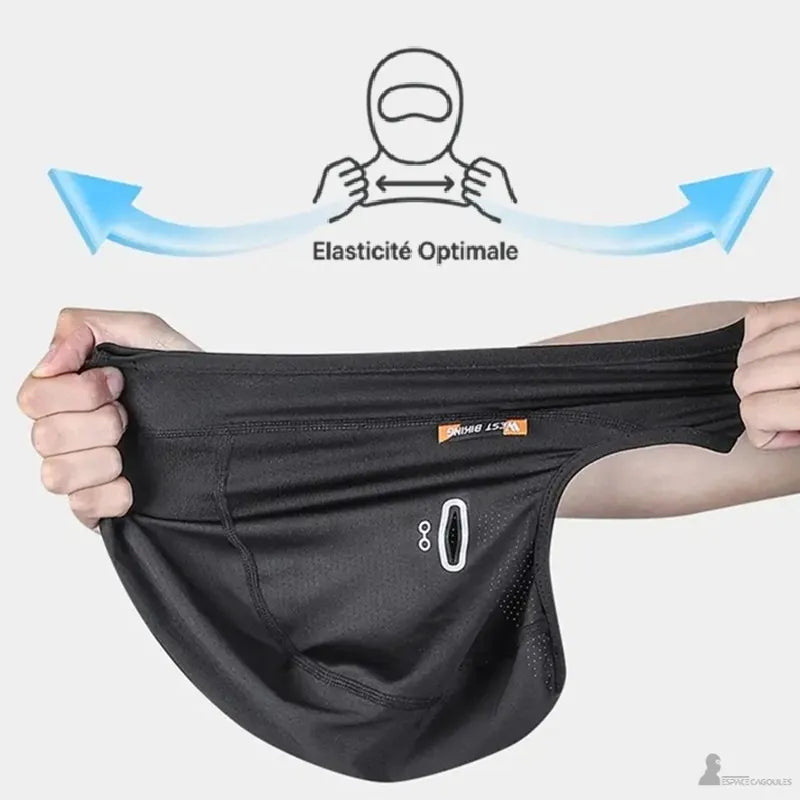 Cagoule moto été femme Libra — démonstration élasticité optimale du tissu demi-visage noir — Espace Cagoules