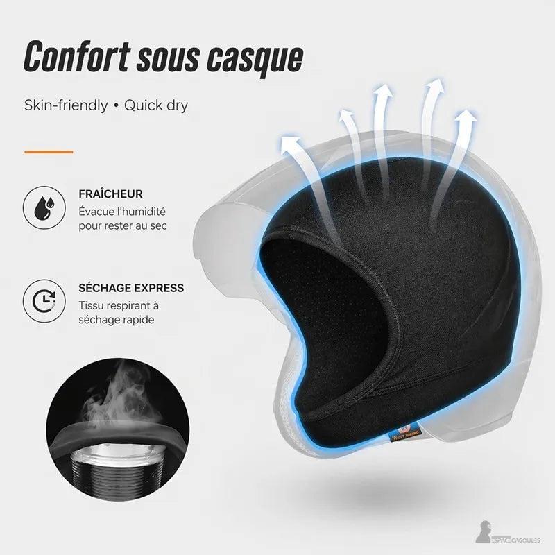 Cagoule moto été femme Libra demi-visage noire — confort sous casque fraîcheur et séchage express illustrés — Espace Cagoules